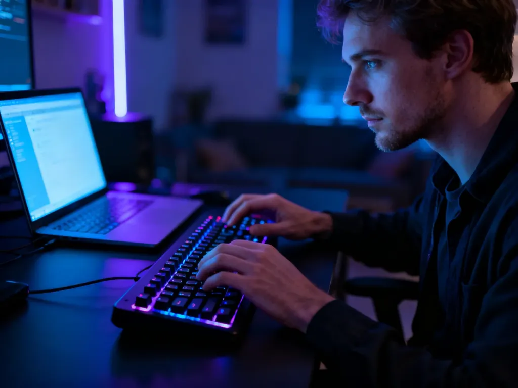 Mężczyzna pracujący przy laptopie w przyciemnionym pokoju, skupiony na pisaniu na podświetlanej klawiaturze mechanicznej.