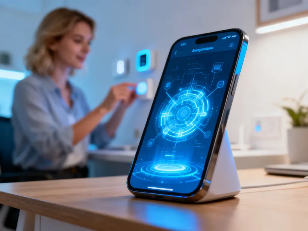 Smartfon z włączonym interfejsem asystenta głosowego na drewnianym biurku, symbolizujący obsługę inteligentnego domu.