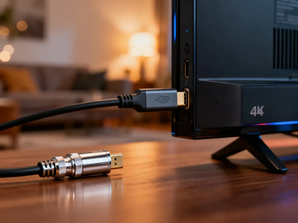 Wtyczka kabla HDMI wkładana do portu telewizora 4K w przytulnym salonie.