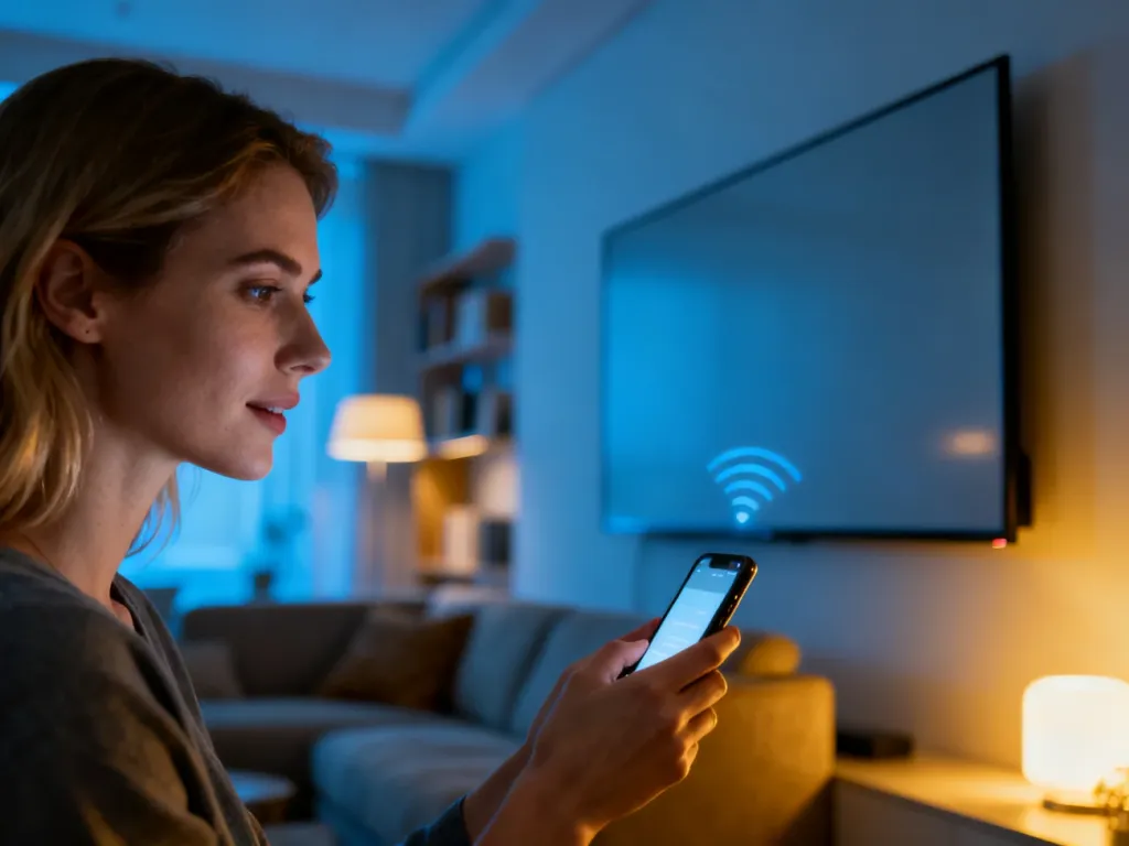 Kobieta przesyła bezprzewodowo obraz ze smartfona na nowoczesny telewizor, ilustrując działanie technologii AirPlay.