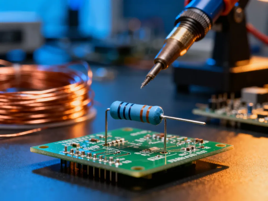 Precyzyjny rezystor zamontowany na zielonej płytce drukowanej w profesjonalnym laboratorium elektronicznym.
