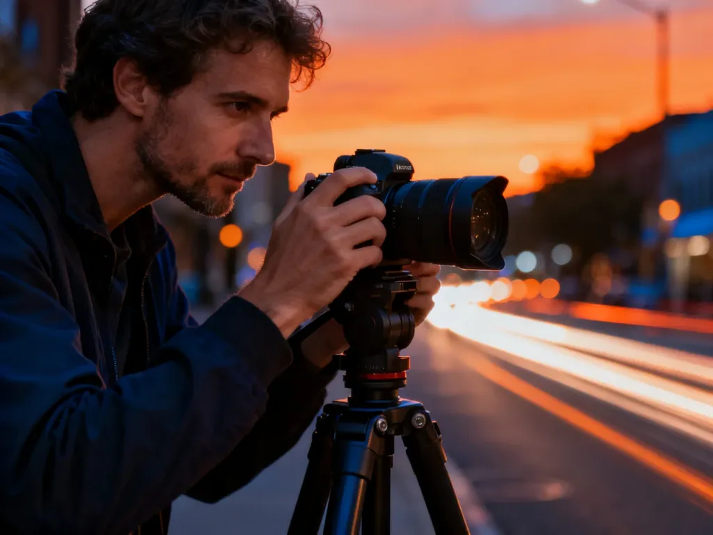 Profesjonalny fotograf z aparatem na statywie na tle dynamicznej, rozmytej miejskiej ulicy o zachodzie słońca.
