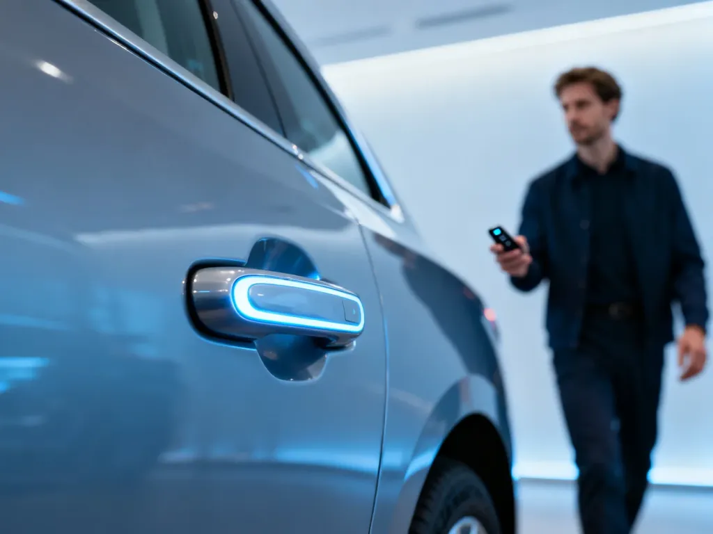 Nowoczesna klamka samochodowa z czujnikiem systemu keyless, w tle kierowca zbliżający się do pojazdu z kluczykiem.