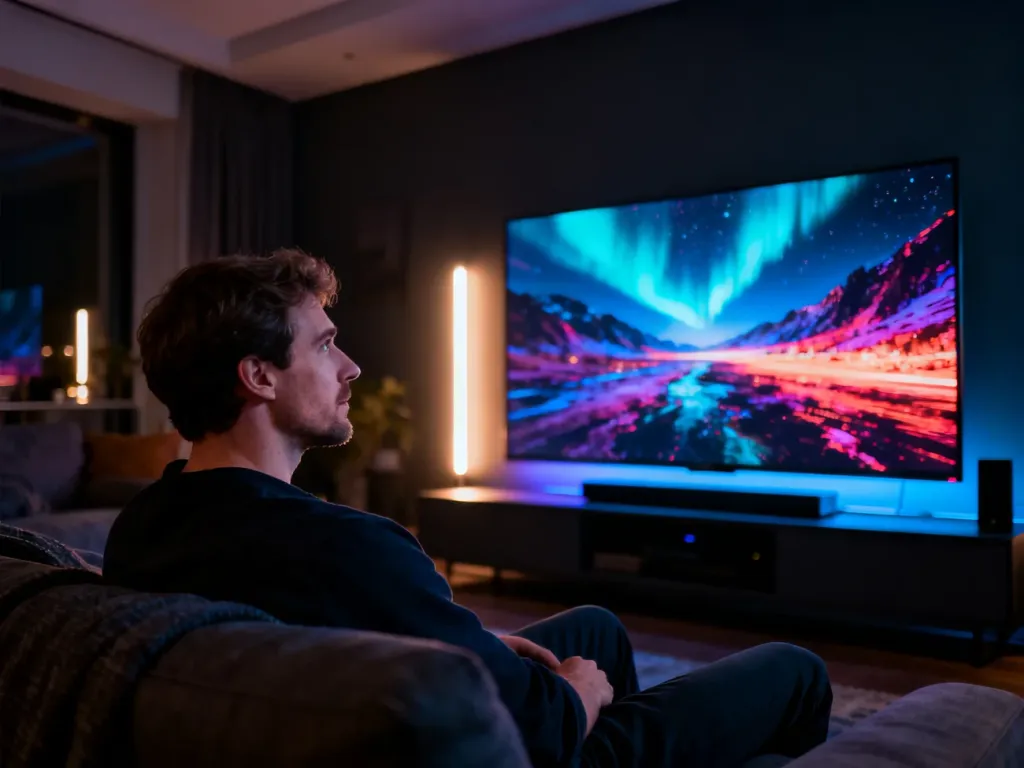 Mężczyzna oglądający film w domowym kinie, podkreślający wysoką jakość obrazu i kontrast technologii Dolby Vision.
