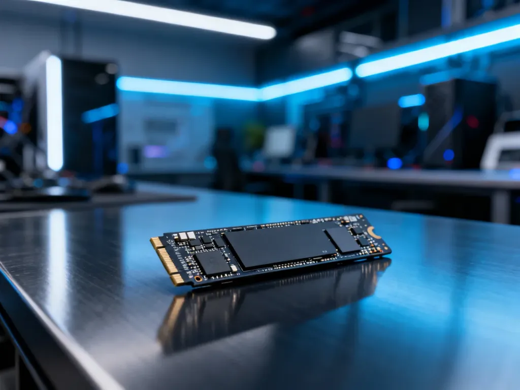 Nowoczesny dysk SSD NVMe na metalowym tle, podkreślający zaawansowaną technologię przechowywania danych.