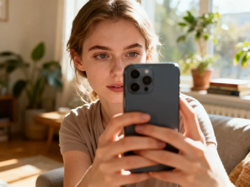 Młoda kobieta robi sobie autentyczne zdjęcie typu BeReal za pomocą smartfona w przytulnym, nasłonecznionym salonie.