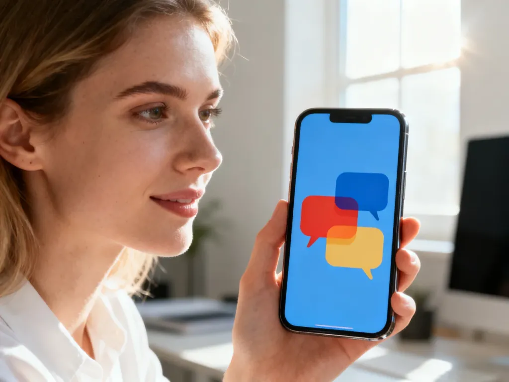 Kobieta trzymająca smartfon z widocznymi dymkami czatu na ekranie, ilustrująca działanie komunikatora iMessage.